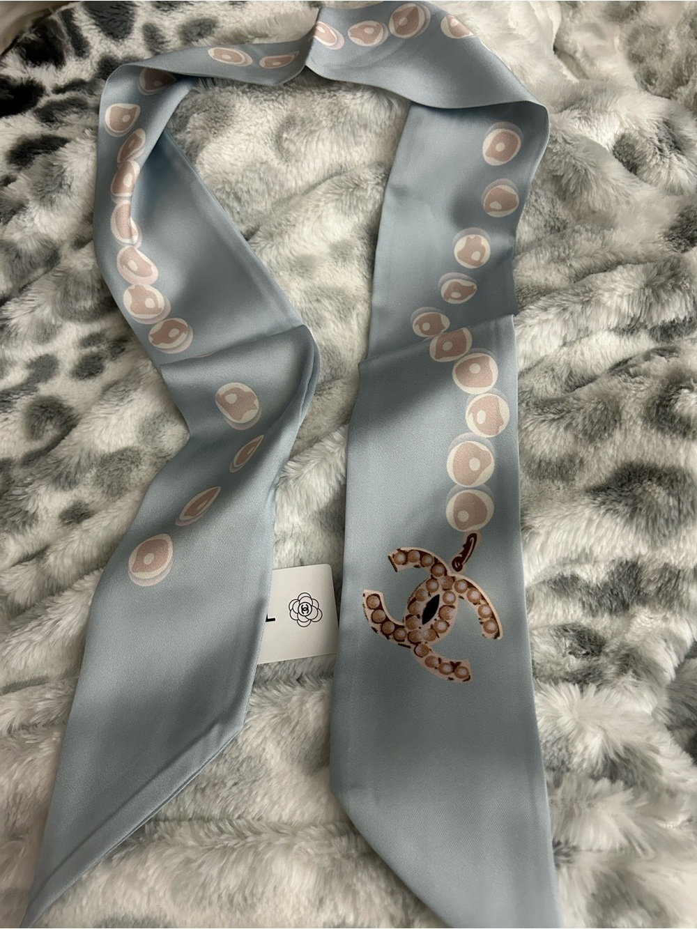 CC Light Grey Pearl Silk Logo-Print Scarf simply gorgeous